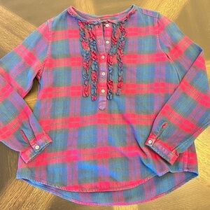 Lands' End Flannel Ruffle Shirt S/P Plaid Magenta Green Cotton Popover